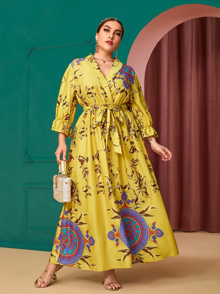 

TOLEEN Women Plus Size Large Elegant Maxi Dress 2022 Formal Holiday Yellow Long Oversized Muslim Party Evening Festival Clothing