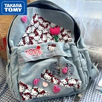 takara tomy2022 new hello kitty girls denim large capacity cute backpack students hit color stitching do the old sweet schoolbag