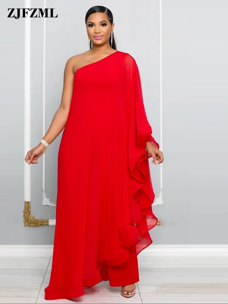 

Модные однотонные Свободные Комбинезоны, женский прозрачный двухслойный комбинезон на одно плечо с оборками, Длинный эластичный комбинезон без рукавов