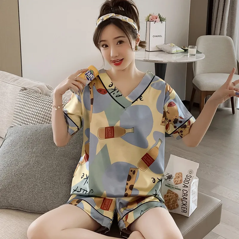 Pajamas Women's Summer Thin Ice Silk V-Neck Short Sleeves Pyjamas Cartoon Loose Women's Home Clothes Sleepwear Sets Sleep Tops