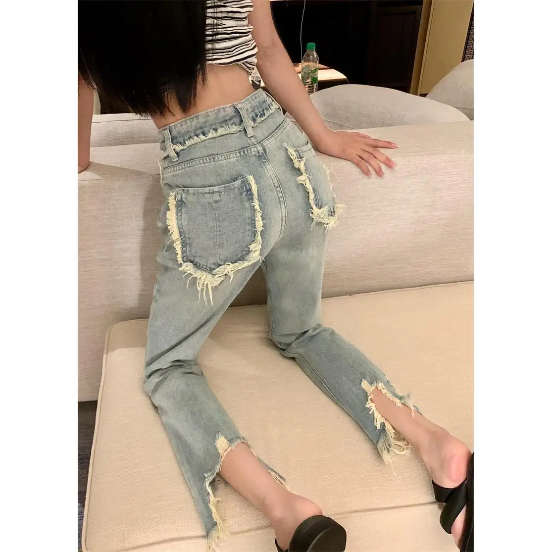 

Broken Raw Edge Tassel Straight Jeans Women's Summer Thin Washed Loose Versatile High Waist Wide Leg Pants