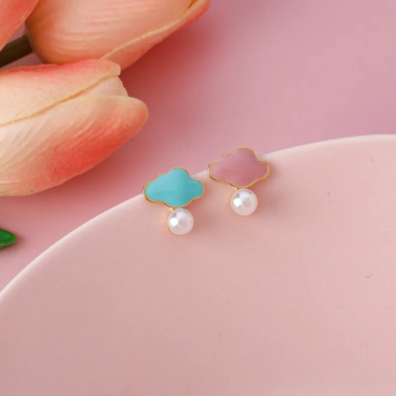 

Minar Funny Pink Blue Color Enamel Cloud Statement Drop Earrings for Women White Faux Pearl Asymmetry Earring Every Day Jewelry