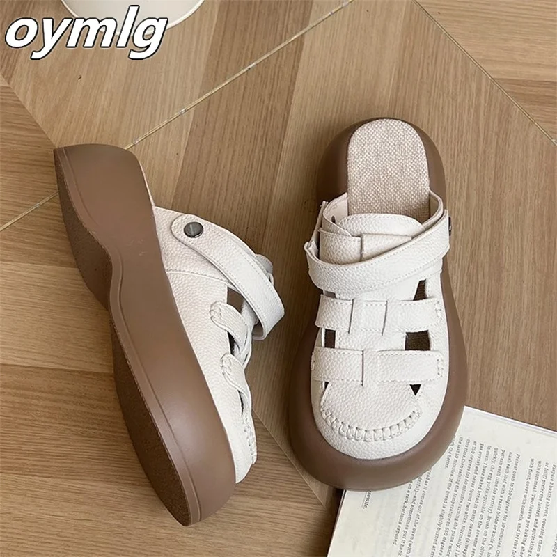 

Повседневные Простые плетеные сандалии Baotou на толстой подошве для женщин, новинка 2023, летняя белая универсальная обувь Caligae