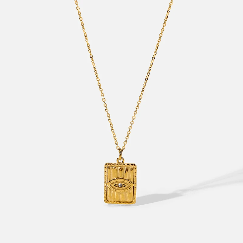 

I​NS Fashion 18K Gold Plated Stainless Steel Relief Glass Stone Eyes Square Pendant Necklace for Women Texture Necklace Jewelry