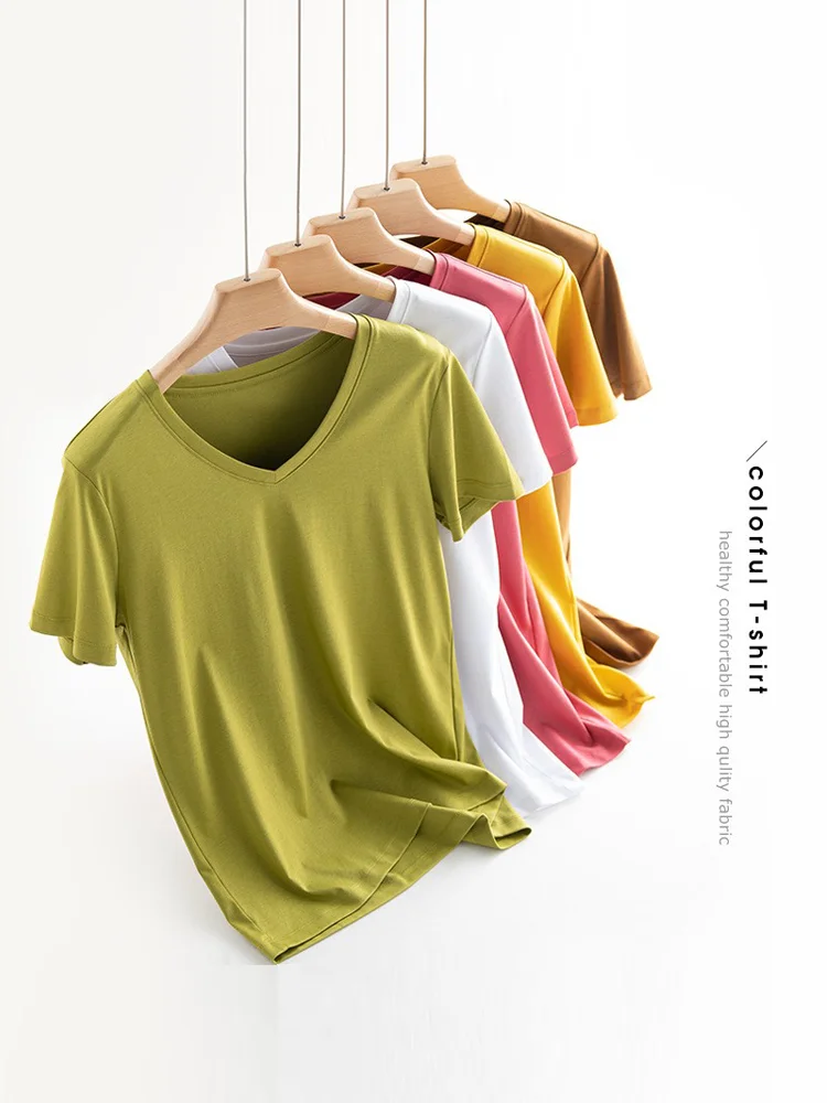 

Summer Women's T-shirts 2023 Double-sided 100% Mercerized Cotton Short-sleeved Tees Solid Color Elegant Tops Female Clothing