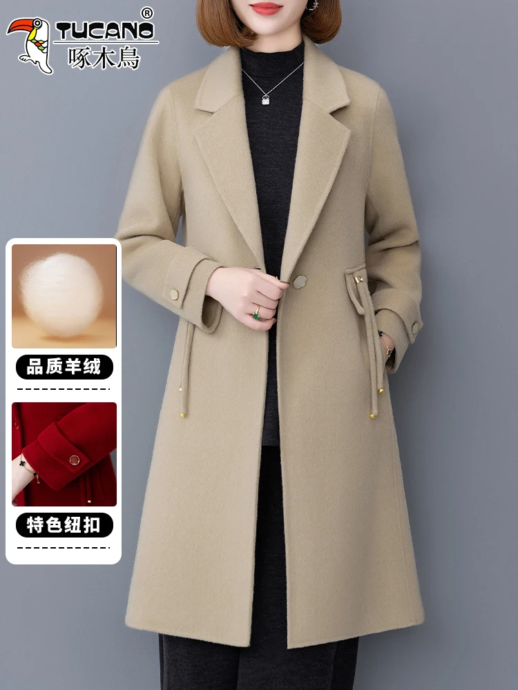 Woodpecker Red Double-sided Cashmere coat Women Winter 2024 New Small Plus size Mid-Length Woolen Jacket