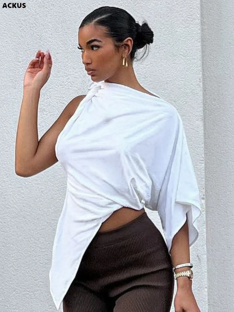 Необычная уличная футболка ACKUS с наклонным плечом однотонная модная свободная в