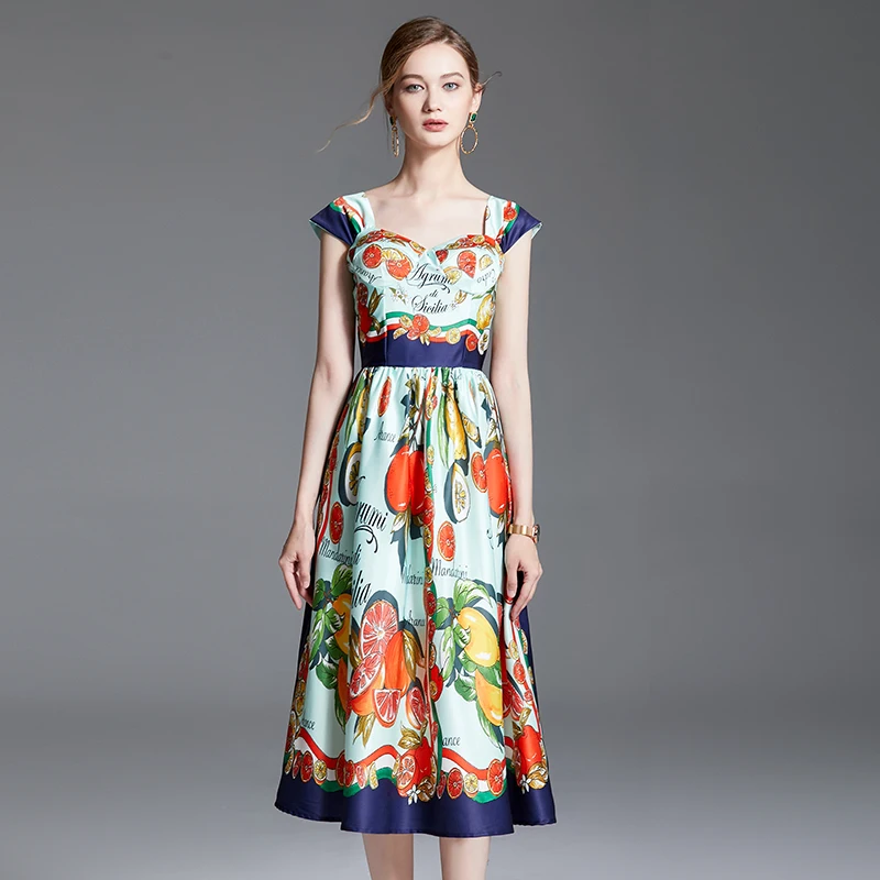 

Fruits Flower Print Suspender Midi Dresses Women's Runway V-Neck Backless Elastic High Waist Summer Beach Dress Vestidos