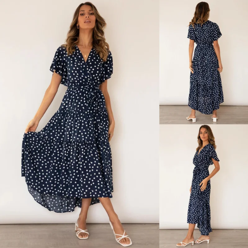 

Женское Платье 2023 с V-образным вырезом и коротким рукавом, Платье в горошек с принтом на талии и шнуровкой, женские халаты, женские платья