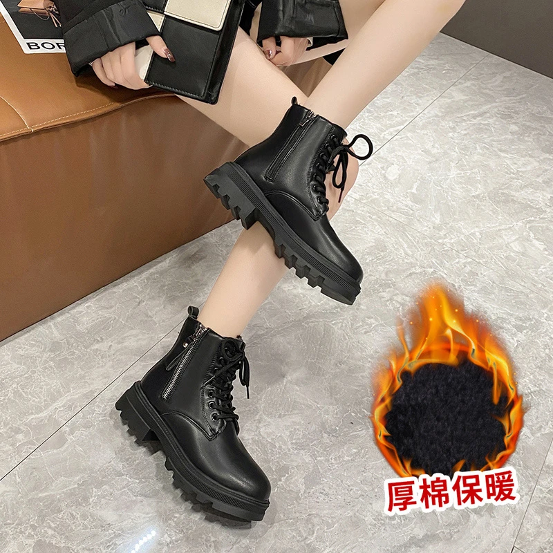 35-40 2022 Autumn Winter Fashion Sports Boots Women Mid-Calf Boots Ladies Non-slip British Style Shoes Zipper PU Leather Boots