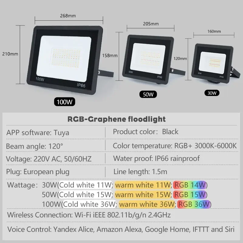 RGB прожектор Smart APP Голосовое управление RGBCW CCT 3000-6500K 30 Вт 50 100 220 В переменного тока