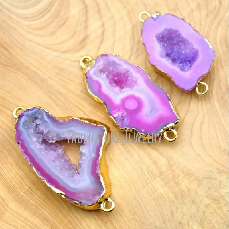 

PC15679 Fushcia Agate Geode Connector медные ювелирные изделия позолоченные горячий розовый Агат Geode подвеска свободной формы 40x25 мм