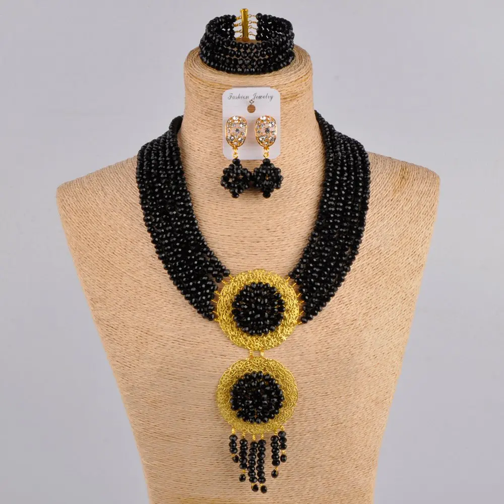 

Новое черное ожерелье с кисточками и кристаллами, аксессуары для свадебного платья, Нигерия, свадебные модные ювелирные изделия, Африканский Свадебный комплект ювелирных изделий