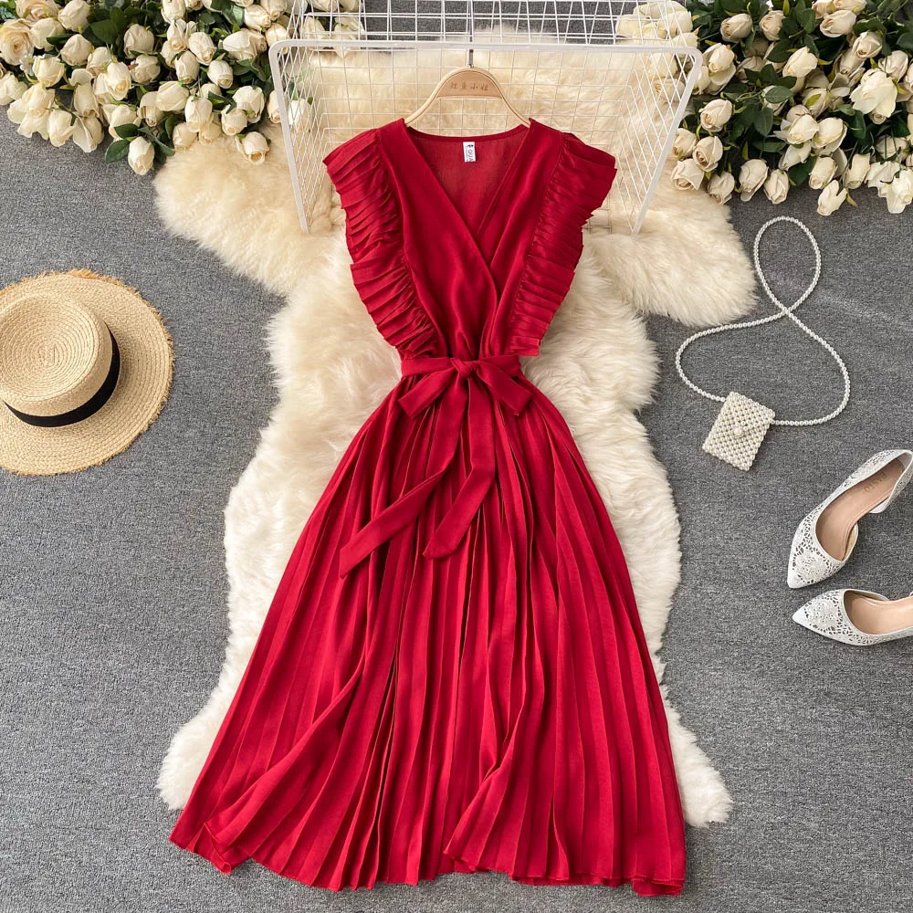 

Женское винтажное платье-туника, длинное Плиссированное Бандажное платье на бретелях с V-образным вырезом и оборками, праздвечерние чный са...