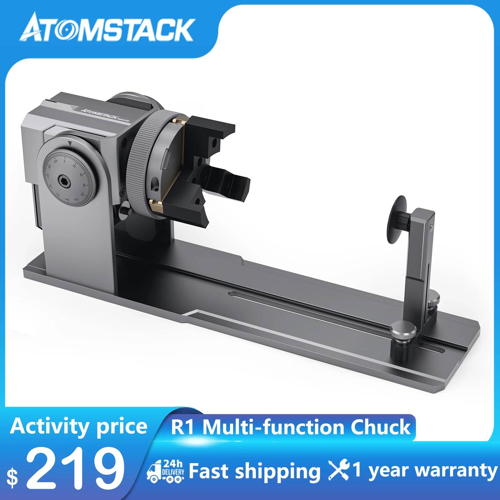 

Atomstack R1 Multi-function Chuck Laser Engraver Rotary Roller Claw For Cylindrical Ring Compatible with 95% engraving machines