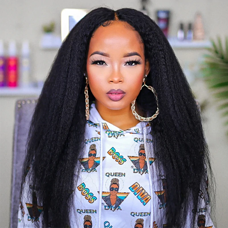 

Yaki V Part Wig Human Hair Kinky Straight Wig Brazilian Virgin Hair Glueless Full Head Clip In Half Wigs for Black Women Wigs