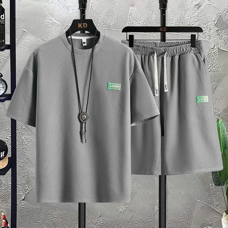 Men's Tracksuit Casual Sport 2-piece Set with Short Sleeve T-shirt and Shorts Waffle Loose Solid Color Men's Summer Sets