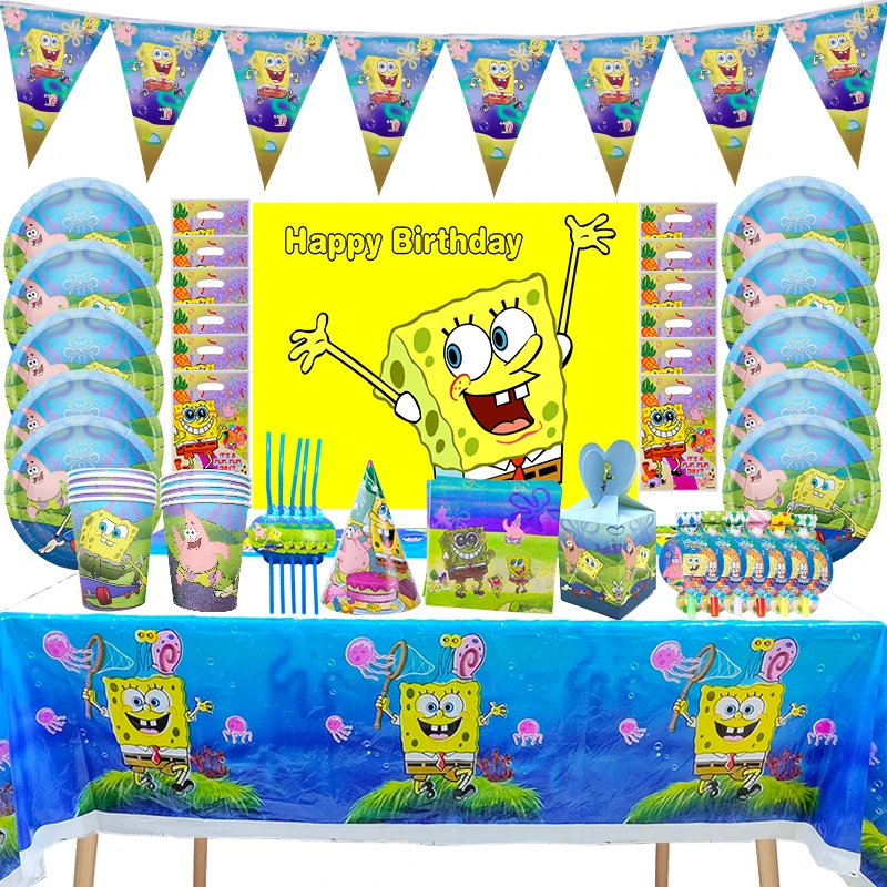 Kids Happy Birthday Party Decorations Sponge-Bob Tableware Birthday's Balloons 1-9years Kit Diposable Cup Plates Party Supplies