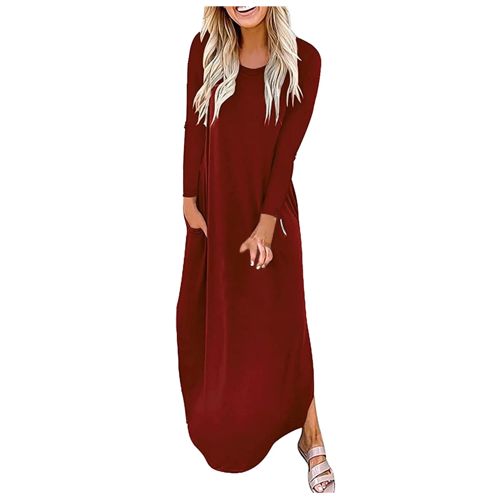 

Dress For Women Color Bohemian Slit Pocket Long Sleeve Dress Loose Long Maxi Dresses Casual Dresses Chambray Striped Dress