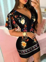summer elegant floral print bodycon mini dress women 2022 fashion sexy deep v neck hip package dresess office lady party dress