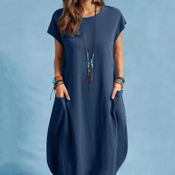 Summer Cotton Linen Dress Short Sleeve O Neck Dress Women Denim Blue Dresses Female Casual Loose Pocket Dresses Vestidos Mujer 1