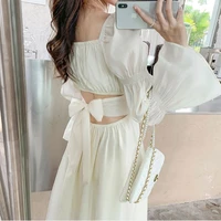 niggeey backless chiffon dress ladies chic elegant puff sleeve lace bandage casual dress summer korean dress woman 2022