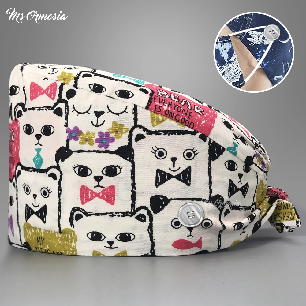 

Многоцветный с рисунками героев мультфильма медицинская хирургическая шапочка на пуговицах; Стильная салон красоты дышащая уходу за Шапки...