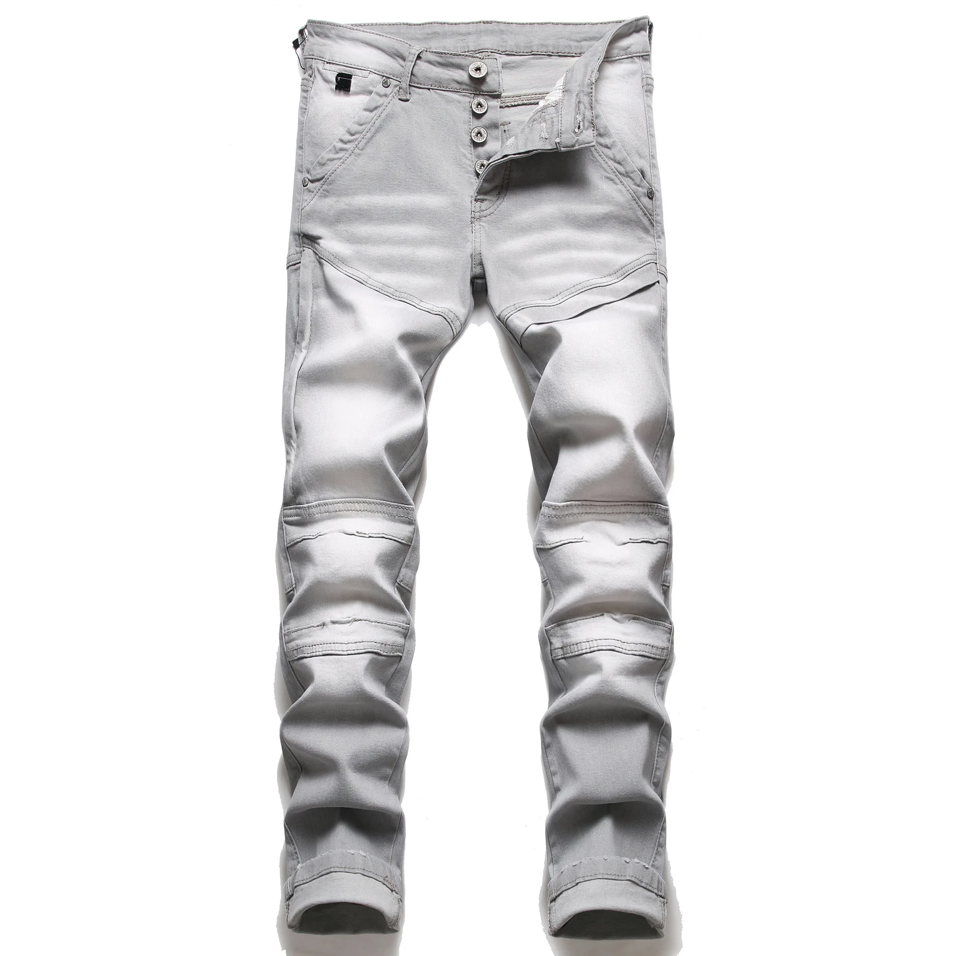 

Spring and Autumn New European and American Washed Hole Stitching Gray Slim Fit Feet Stretch Men's Motorcycle Jeans men