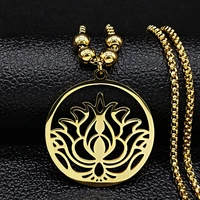 boho yoga lotus stainless steel chain necklace for women gold color long necklaces pendants jewerly colgante mujer n621s08