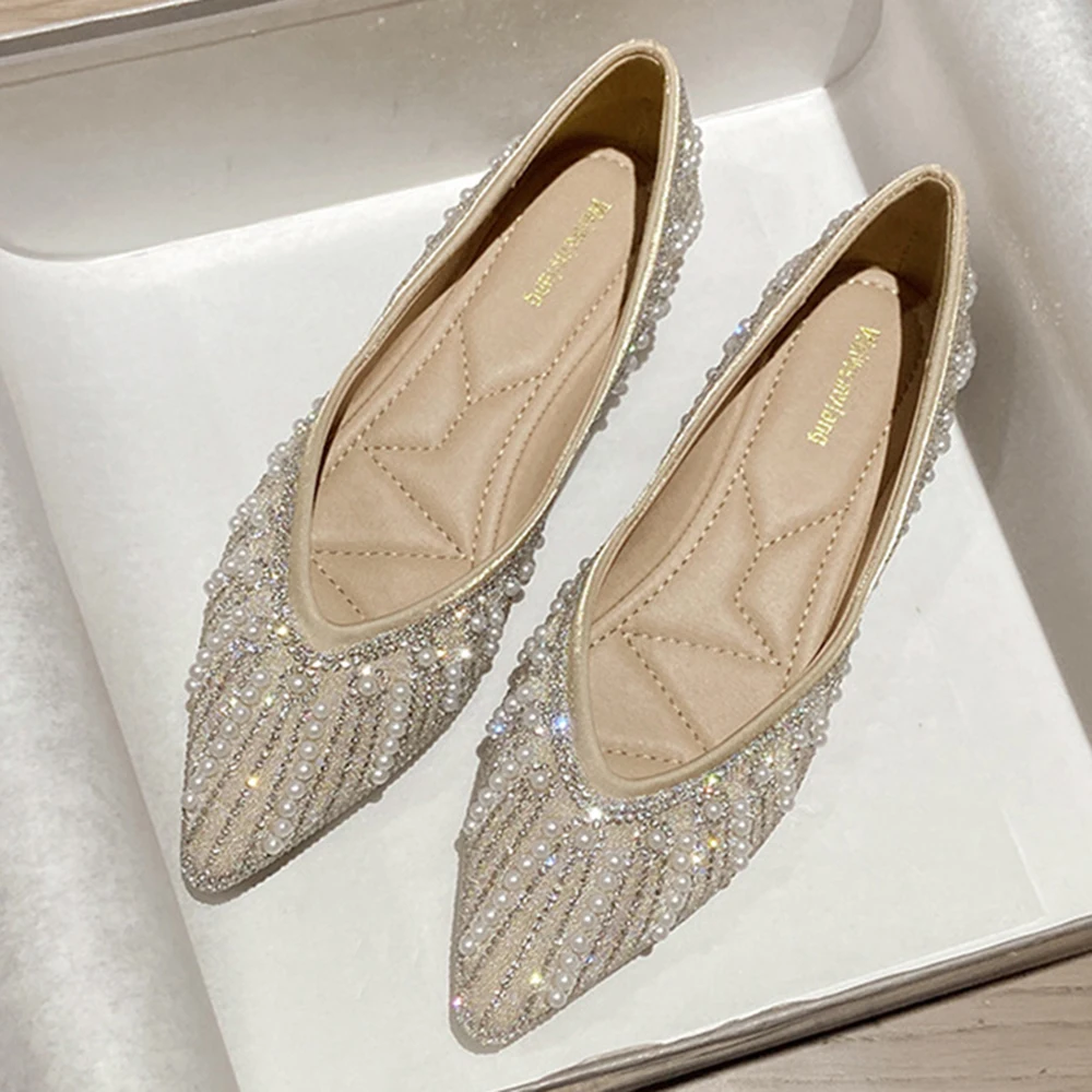 

Summer Pearl Rhinestone Female Flat Shoes Female Bow Tie Shallow Mouth Pointed Tip Women's Single Shoes zapatos de mujer ks424