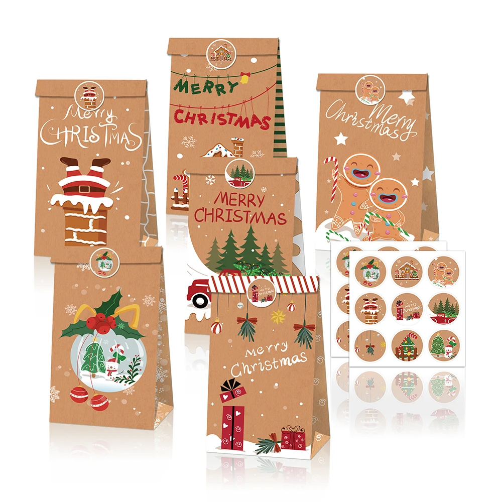 

LB126 12Pcs Santa Claus Happy Xmas Merry Christmas Party Candy Packing Kraft Paper Gift Bags New Year Party Decoration Favor Box