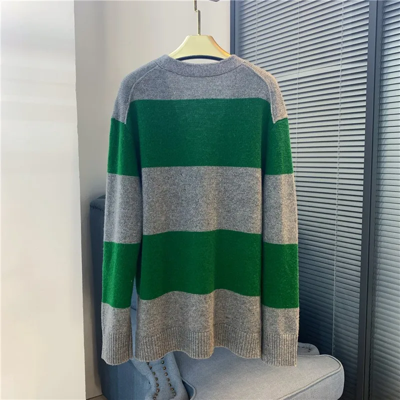 Green Striped Knitted Cardigan Pullover Sweater for Women