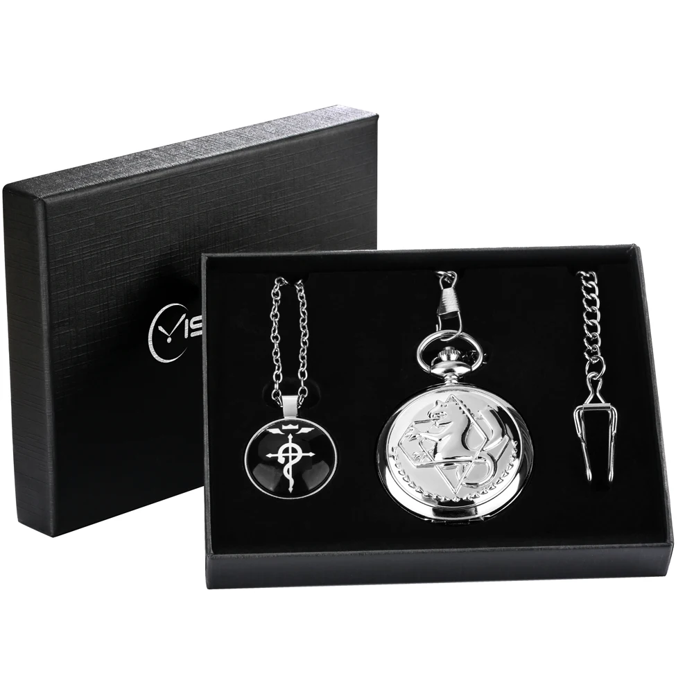Vintage Pocket Watch Retro Silver Tone Fullmetal Necklace Pendant Luxury Gifts Sets for Male Anime Cosplay Clock Montre De Poche