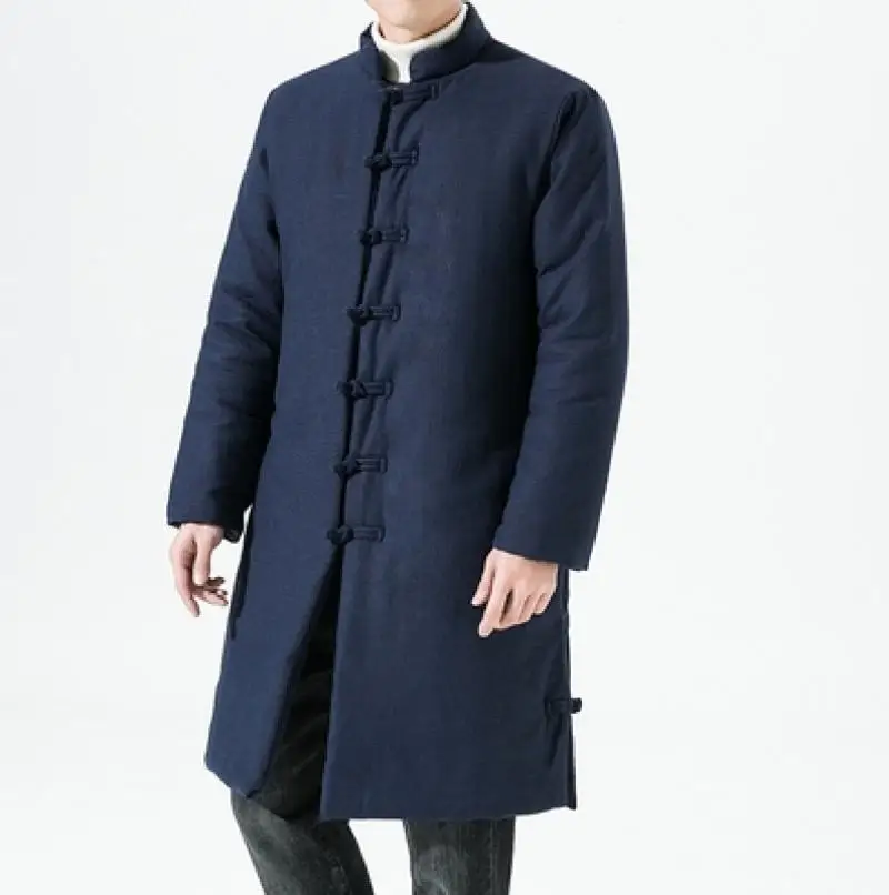 High Quality Hanfu Chinese Style Tang Suit Linen Thick Cotton Coat Winter Chinos Clothes Men Long Black Navy China Jacket Tops
