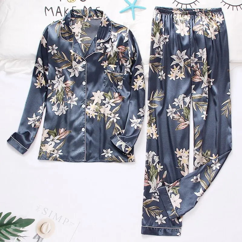 Floral Print Silk Satin Pajama Set – Long Sleeve Top and Trousers- Women’s Sleepwear and Loungewear Floral Print Silk Satin Pajama Set – Long Sleeve Top and Trousers- Women’s Sleepwear and Loungewear