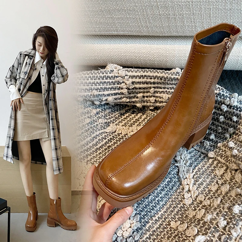 

2022 new Autumn and winter Women ankle boots natural leather 22-24.5cm cowhide upper full leather side zip modern boots fashion