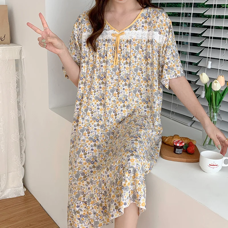 Summer Dress Women Nightwear Maiden Night Gown Sexy Sleepwear Cotton Silk Thin Pajamas