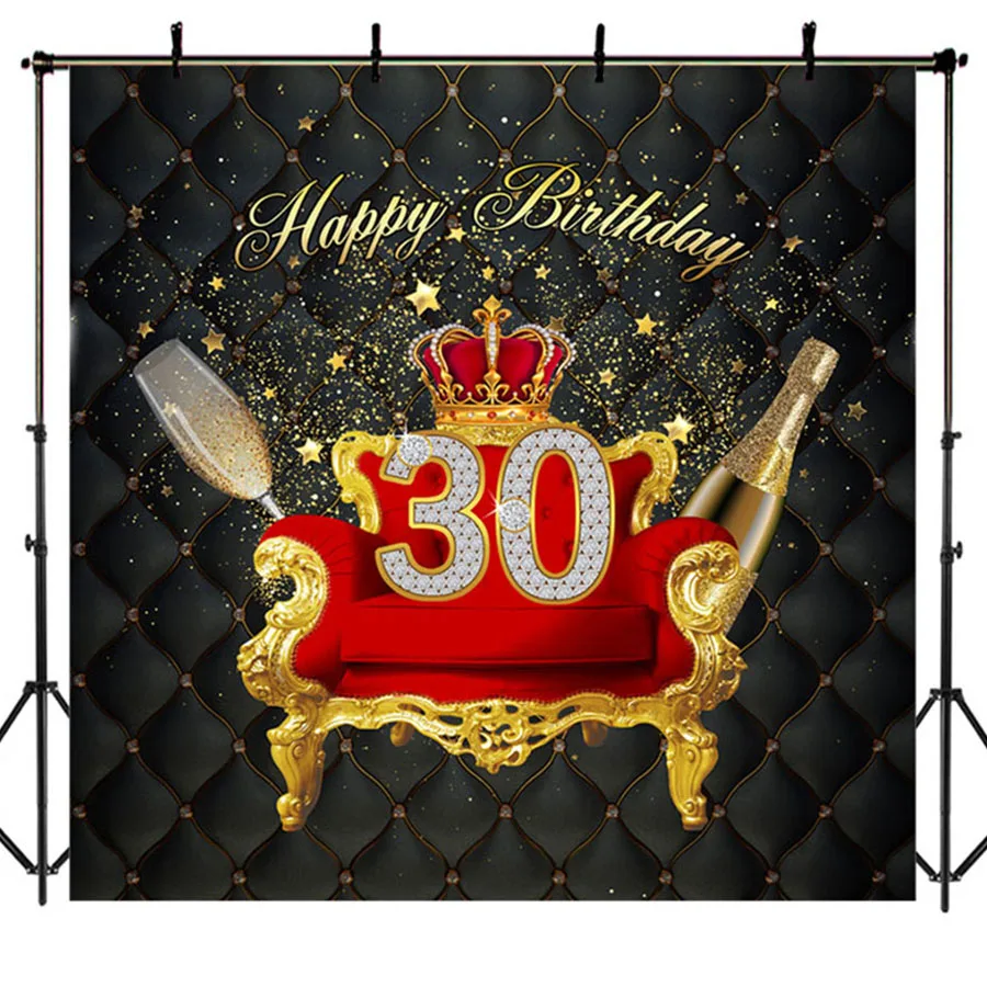 

Happy 30th Birthday Backdrop Red Gold Crown Sofa Diamond Photography Background Stars Champagne Birthday Party Banner Backdrops