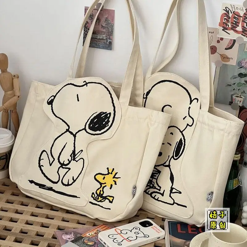 

Kawaii Snoopyed Canvas Bag Cartoon Large-Capacity Zipper for Girls Study Work Accessories Canvas Shoulder Bag Toy for Girls Gift