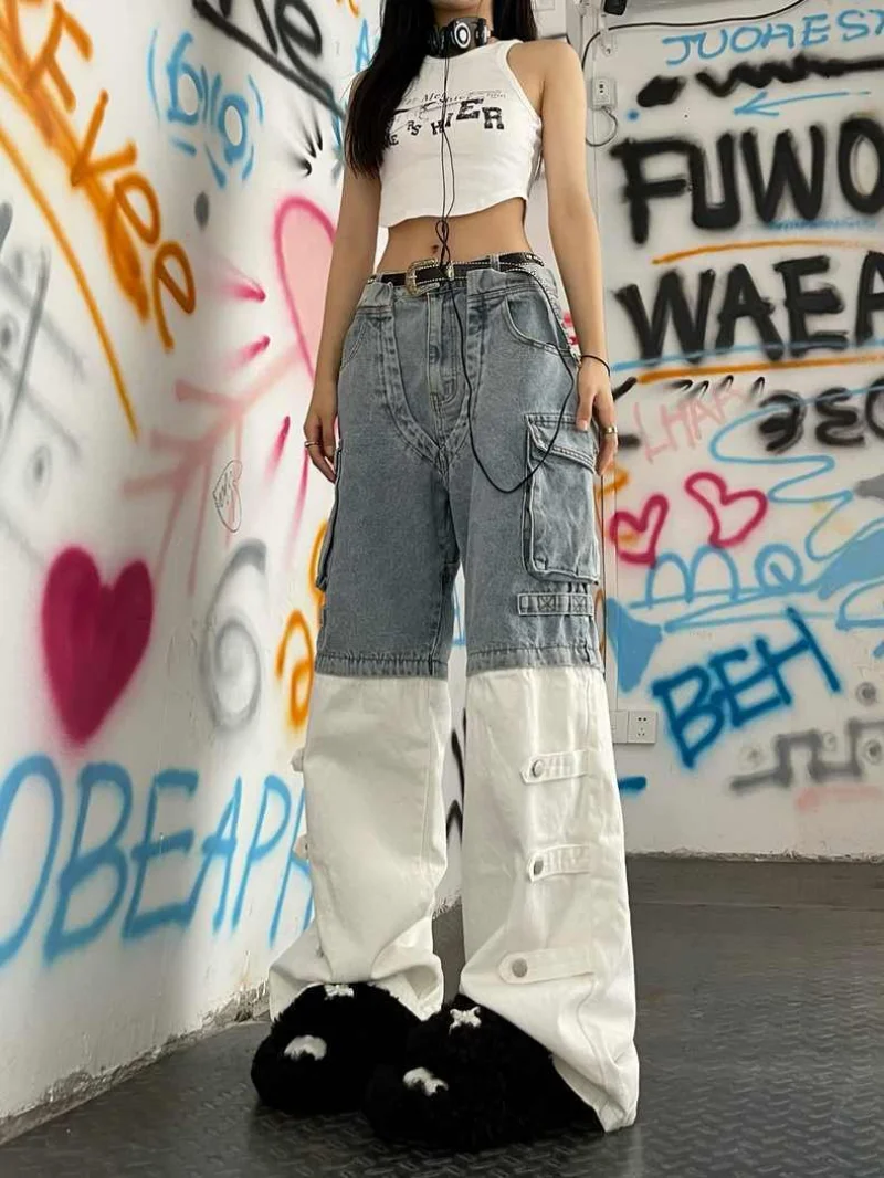 

Niche design heavy duty splicing work jeans female straight loose senior BF style wide leg dragging trousers tide 2XL