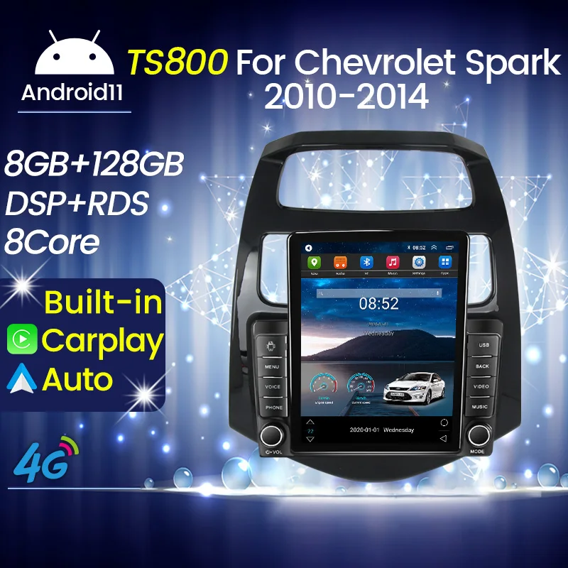 Автомагнитола Tesla Style на Android 11 для Chevrolet Spark Beat Matiz Creative 2010-2014 с GPS-навигацией и