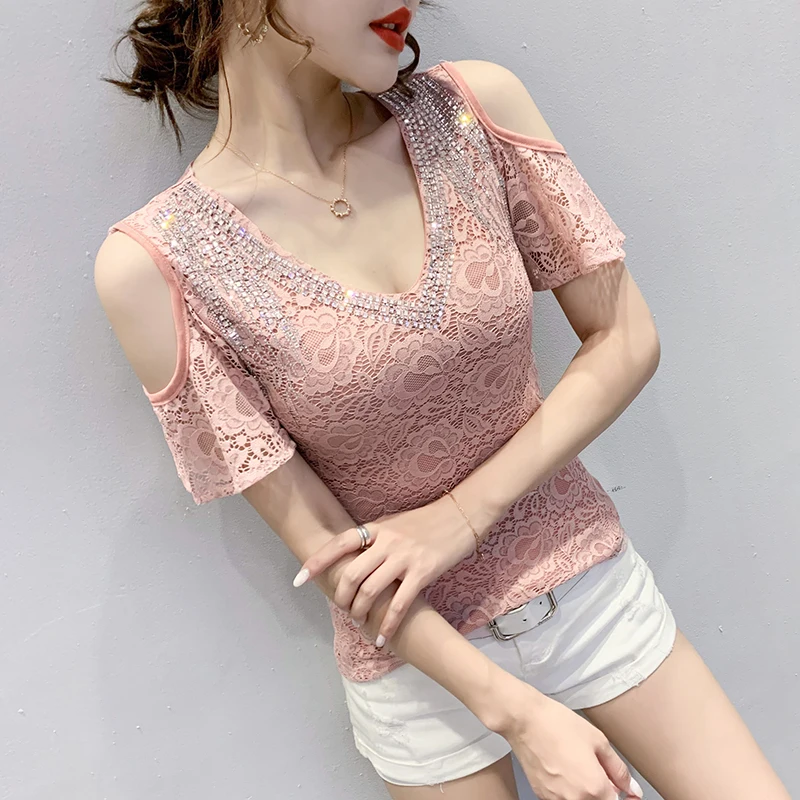 #5204 черно-белая короткая Кружевная футболка с коротким рукавом и V-образным