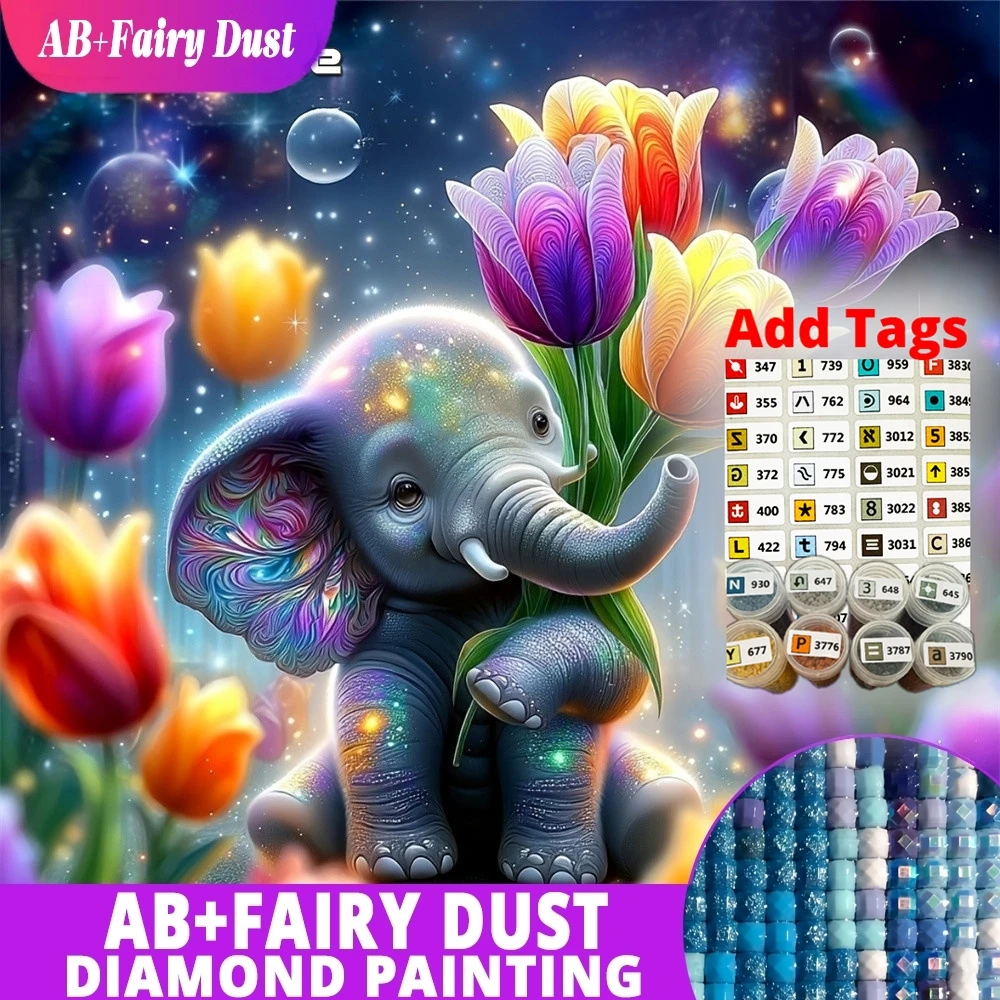 Фото Алмазная вышивка AB Fairy Dust: Мозаика с животными, слон, полный квадратный 5D DIY набор, стразы, алмазная живопись, тюльпан, декор для дома №1