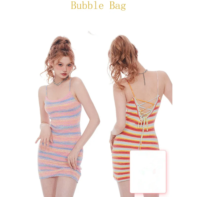 

Suspender skirt knitted bag buttock slim sweet and spicy skirt rainbow dress summer dress beach dress