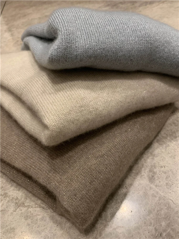 Pure Wool Shiny Silk Autumn and Winter New Pile Collar Sweater Women Loose Inner wear Turtleneck Shirt Knit