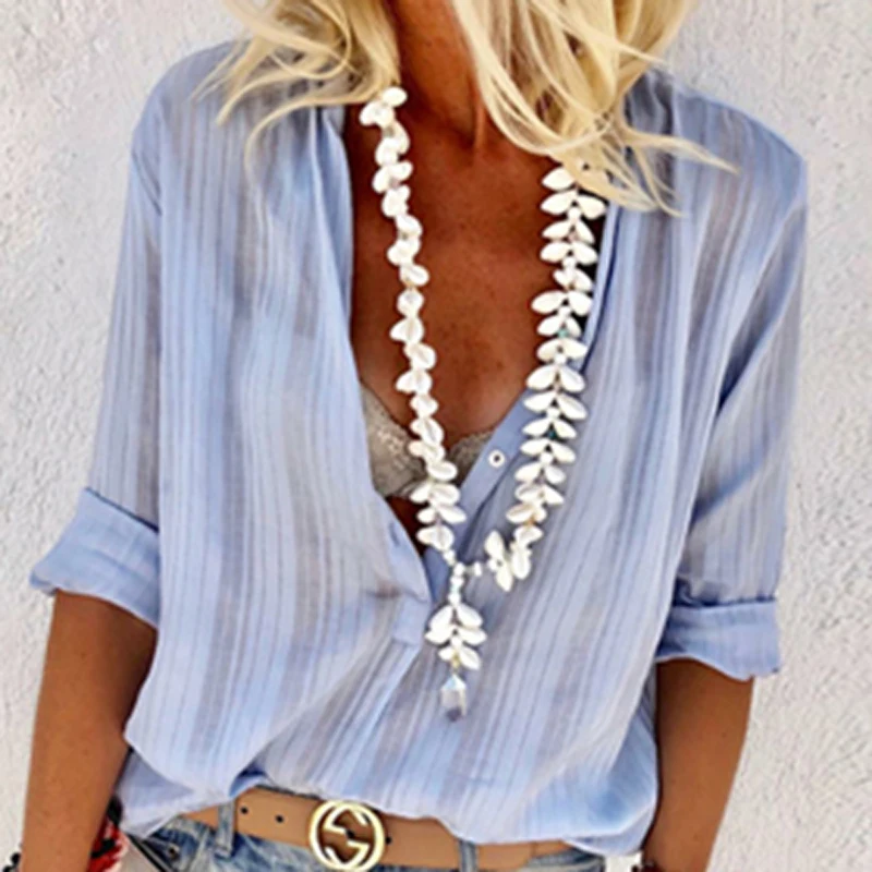 

Autumn Elegant Casual Loose Shirt Top Sexy Deep V Neck Button Chiffon Long Sleeve Pullover Shirt Spring Fashion Solid Blouse Top