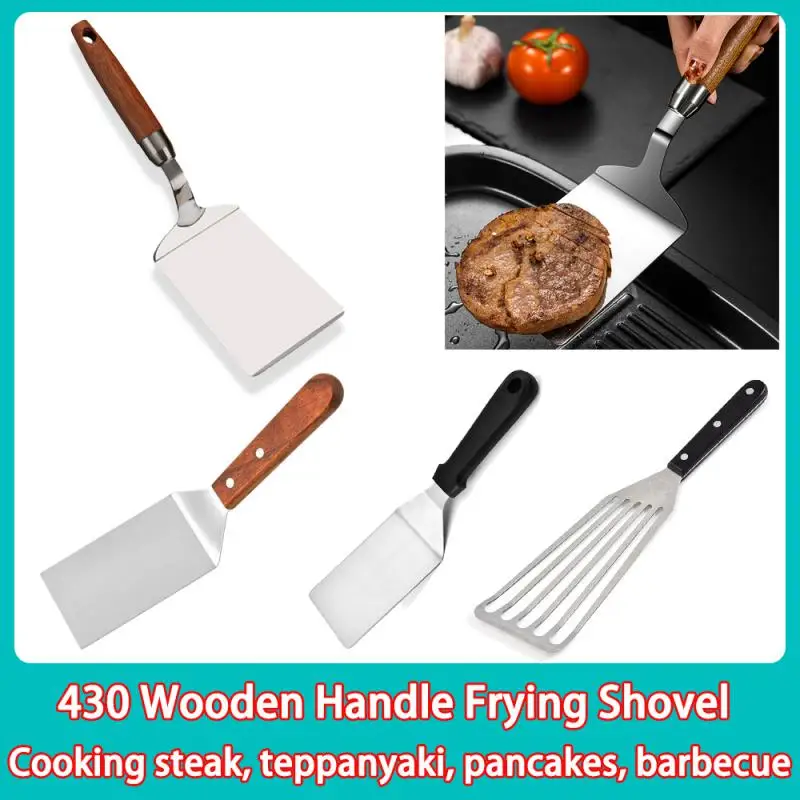 

Stainless Steel Square Head Steak Cooking Spatula Wood Handle Pizza Shovel Pancake Beef Turner Scraper BBQ Utensils For Kitchen