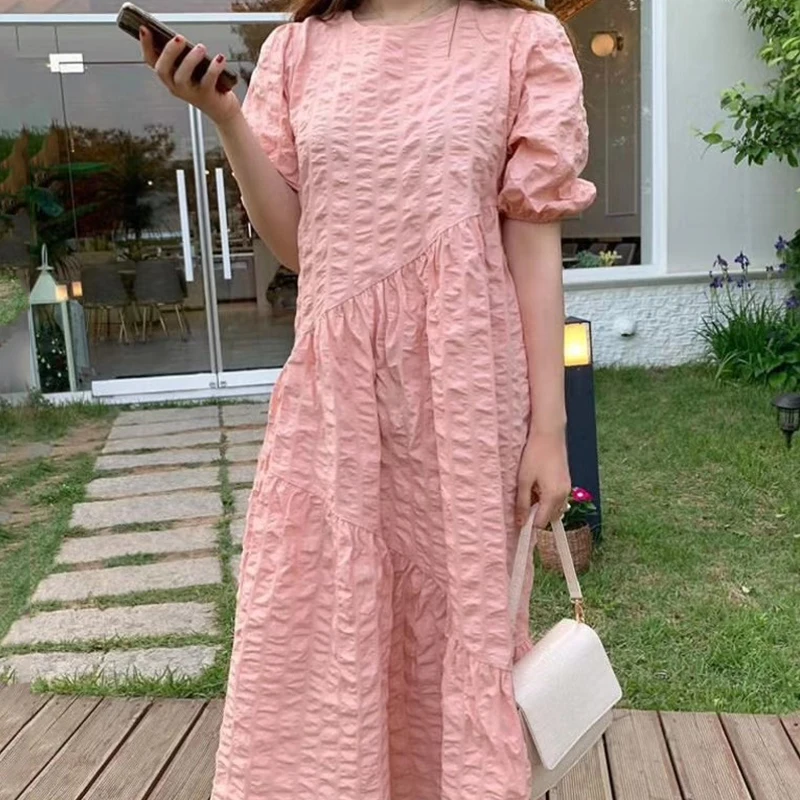 

ZCSMLL Korean Summer Round Neck Fold Vestido Female Loose Bubble Sleeve Doll Solid Color Vintage Dress Female spring