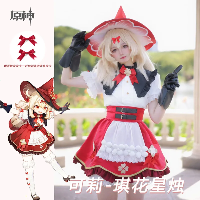 

Klee Cosplay Flower Star Candle Cos New Skin Game same dress With Cute Witch hat Genshin Impact Costume Uniform women suit