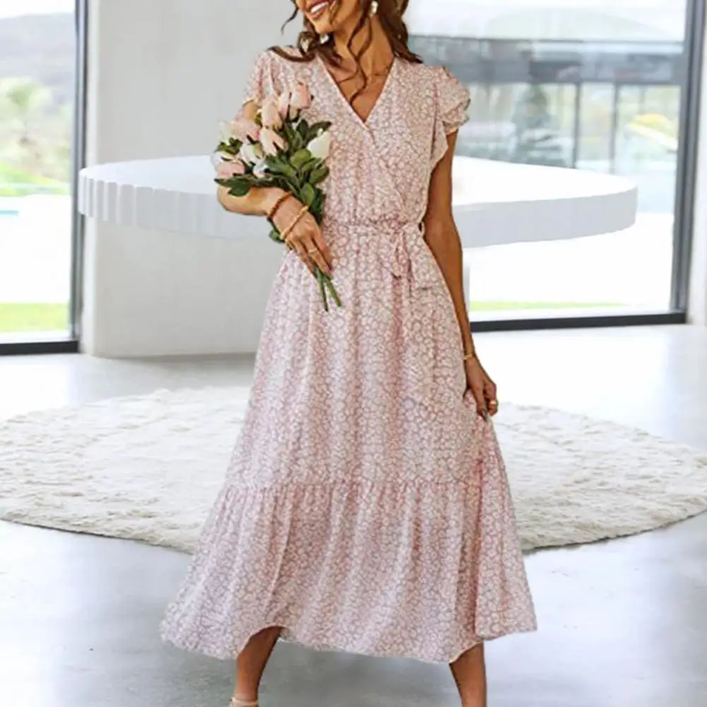 

Women Dress V-neck Petal Short Sleeve Midi Dress Summer Waist Lace-up Women Dress Streetwear